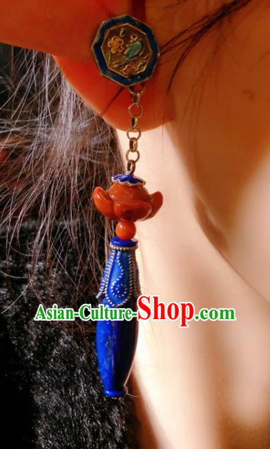 Chinese National Blueing Earrings Traditional Agate Lotus Jewelry Handmade Lapis Ear Accessories