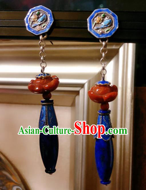 Chinese National Blueing Earrings Traditional Agate Lotus Jewelry Handmade Lapis Ear Accessories