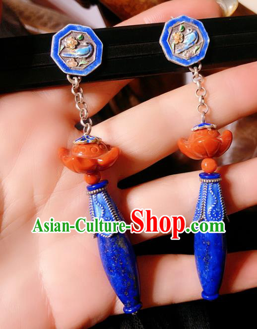 Chinese National Blueing Earrings Traditional Agate Lotus Jewelry Handmade Lapis Ear Accessories