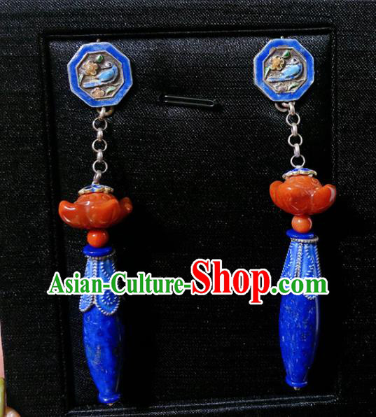 Chinese National Blueing Earrings Traditional Agate Lotus Jewelry Handmade Lapis Ear Accessories