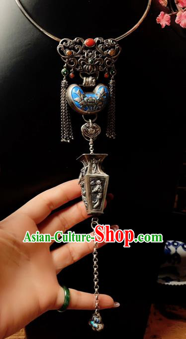 China Traditional Silver Necklace Accessories Handmade Wedding Blueing Longevity Lock Pendant