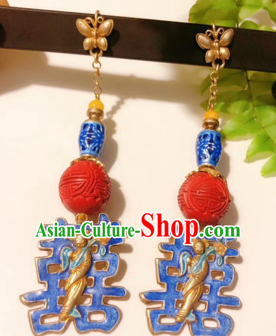 Chinese National Wedding Blueing Earrings Traditional Jewelry Handmade Carved Lacquerware Ear Accessories