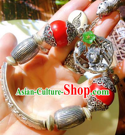 China Traditional Silver Bracelet Handmade National Cinnabar Bangle Accessories