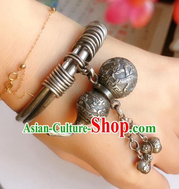 Handmade Chinese Bracelet Accessories Traditional Culture Jewelry National Silver Gourd Pendant Bangle