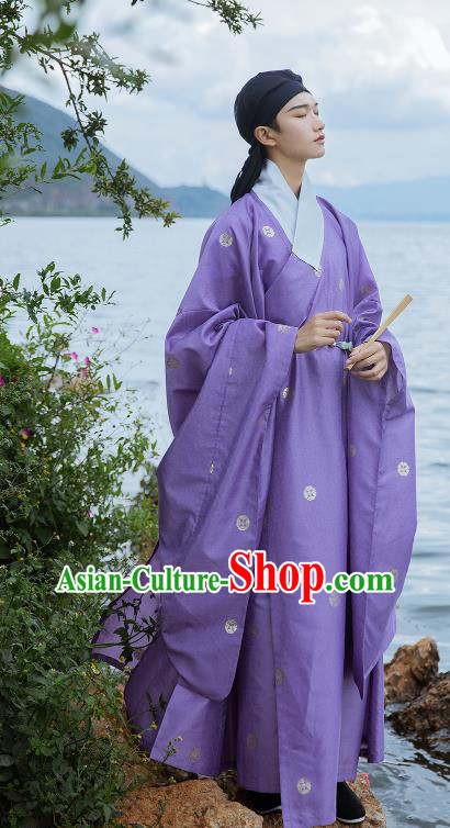 China Ancient Taoist Purple Silk Robe Traditional Ming Dynasty Historical Clothing for Men