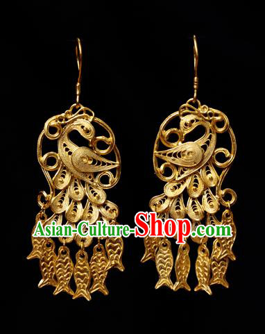 Chinese Ancient Empress Fish Tassel Ear Jewelry Traditional Hanfu Golden Peacock Earrings Accessories