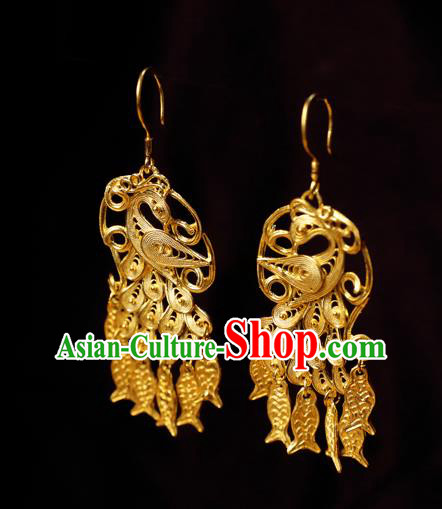Chinese Ancient Empress Fish Tassel Ear Jewelry Traditional Hanfu Golden Peacock Earrings Accessories