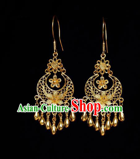 Chinese Traditional Earrings Accessories Ancient Empress Golden Flowers Ear Jewelry