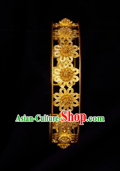Handmade Chinese Carving Flower Golden Bracelet Accessories Traditional Qing Dynasty Palace Bangle Jewelry