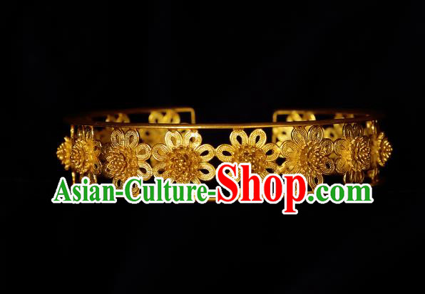 Handmade Chinese Carving Flower Golden Bracelet Accessories Traditional Qing Dynasty Palace Bangle Jewelry