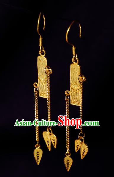 Chinese National Golden Ear Accessories Traditional Cheongsam Long Tassel Earrings Jewelry