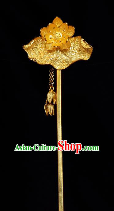 China Handmade Golden Lotus Tassel Hairpin Traditional Cheongsam Hair Accessories