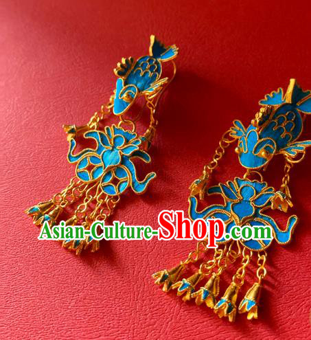 Chinese National Tassel Ear Accessories Traditional Cheongsam Cloisonne Fish Earrings Jewelry