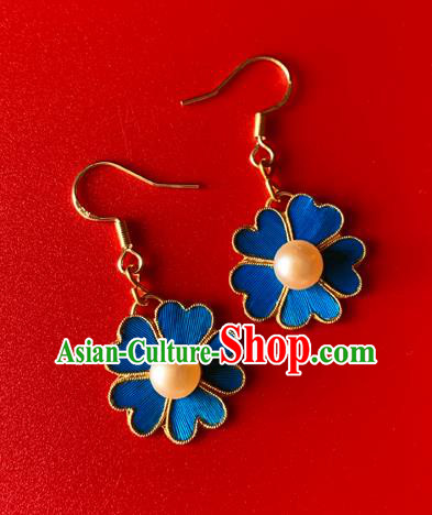 Chinese National Pearl Ear Accessories Traditional Cheongsam Blue Flower Earrings Jewelry