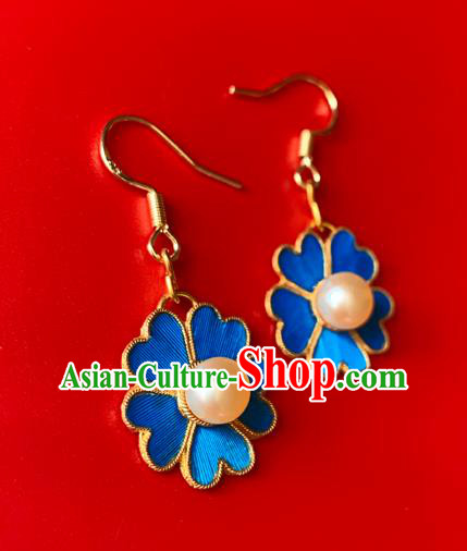 Chinese National Pearl Ear Accessories Traditional Cheongsam Blue Flower Earrings Jewelry