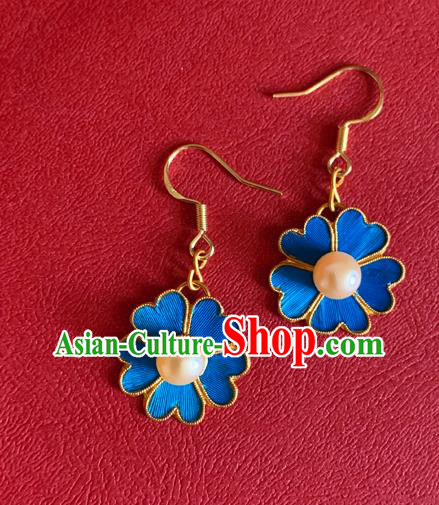 Chinese National Pearl Ear Accessories Traditional Cheongsam Blue Flower Earrings Jewelry