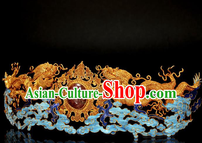 China Traditional Handmade Hair Accessories Ancient Ming Dynasty Empress Golden Dragon Hair Crown