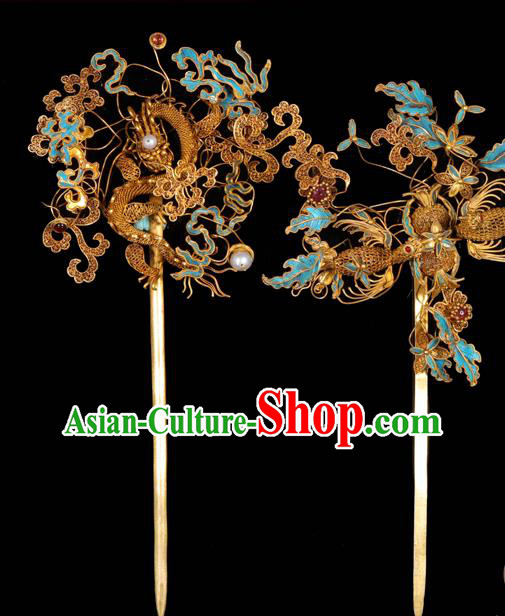 China Ancient Palace Lady Hair Accessories Qing Dynasty Empress Hair Stick Traditional Handmade Filigree Dragon Hairpin