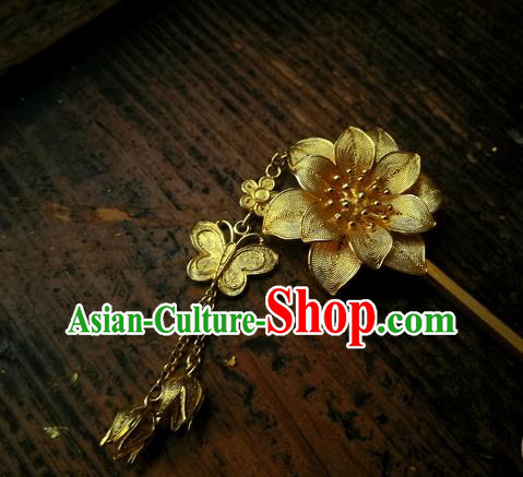 China Ancient Ming Dynasty Empress Lotus Hairpin Traditional Hair Accessories Handmade Golden Butterfly Tassel Hair Stick