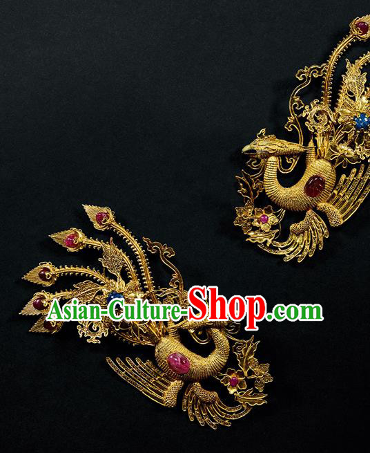 China Ancient Queen Ruby Hair Accessories Handmade Filigree Phoenix Hairpin Traditional Qing Dynasty Empress Hair Stick