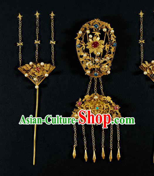 China Handmade Filigree Hairpin Traditional Qing Dynasty Empress Hair Crown Ancient Queen Hair Accessories Full Set