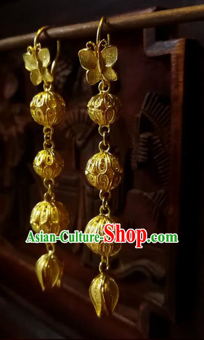 Chinese National Wedding Ear Accessories Traditional Cheongsam Golden Butterfly Earrings Jewelry