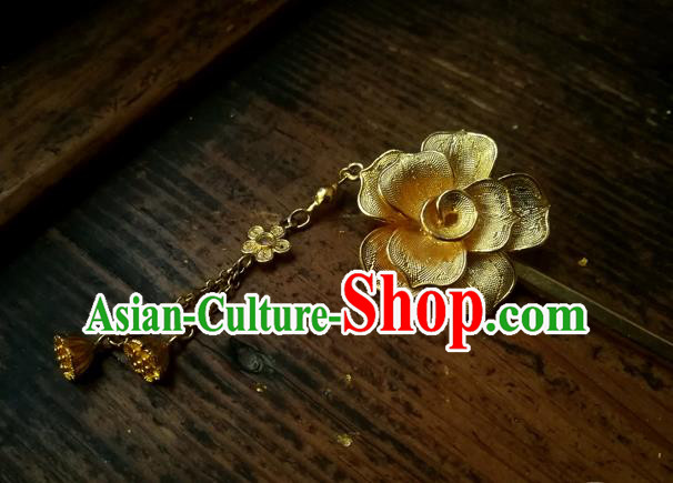 China Traditional Hair Accessories Handmade Golden Tassel Hair Stick Ancient Ming Dynasty Empress Camellia Hairpin