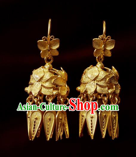 Chinese Qing Dynasty Imperial Consort Ear Accessories National Wedding Jewelry Traditional Cheongsam Golden Earrings