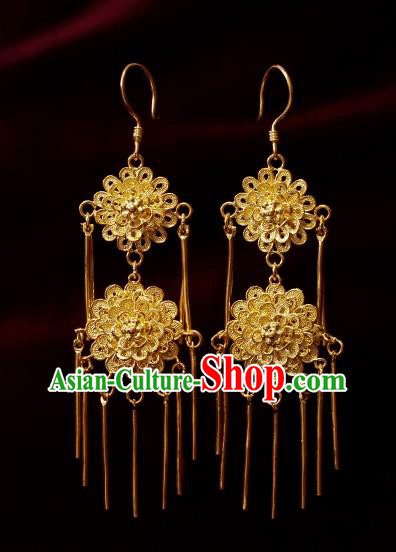 Chinese National Wedding Golden Flowers Earrings Jewelry Ancient Qing Dynasty Imperial Consort Ear Accessories
