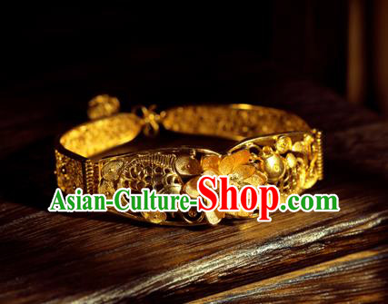Handmade Chinese Traditional Wedding Golden Lotus Bangle Jewelry Silver Bracelet Accessories