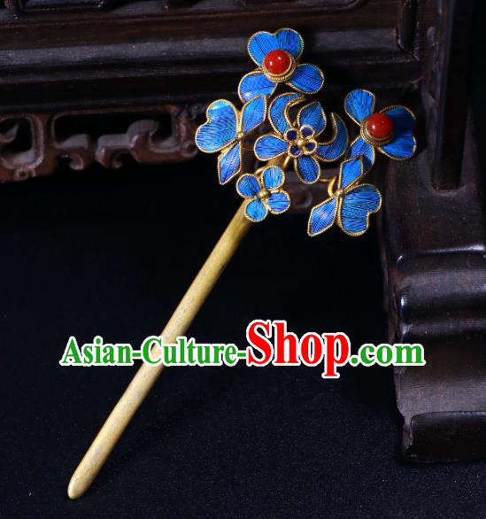 China Ancient Qing Dynasty Empress Hairpin Traditional Handmade Enamel Blue Hair Stick