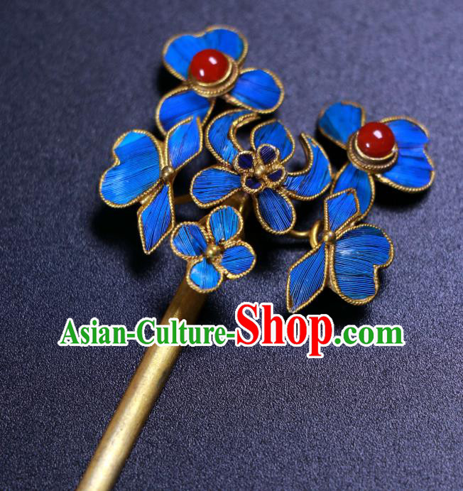 China Ancient Qing Dynasty Empress Hairpin Traditional Handmade Enamel Blue Hair Stick