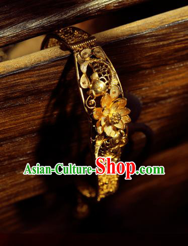 Handmade Chinese Traditional Wedding Golden Lotus Bangle Jewelry Silver Bracelet Accessories
