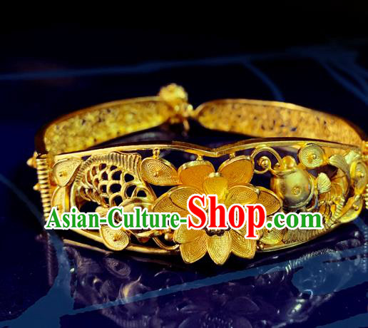 Handmade Chinese Traditional Wedding Golden Lotus Bangle Jewelry Silver Bracelet Accessories