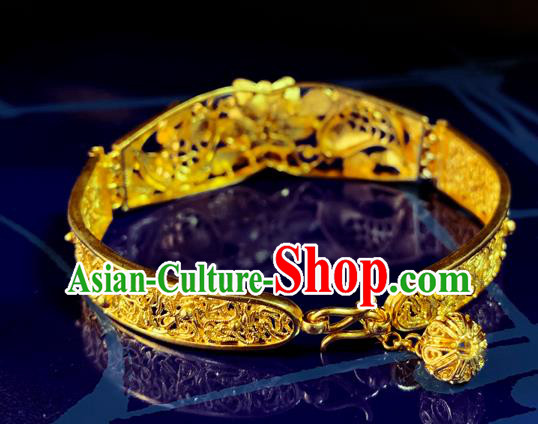 Handmade Chinese Traditional Wedding Golden Lotus Bangle Jewelry Silver Bracelet Accessories