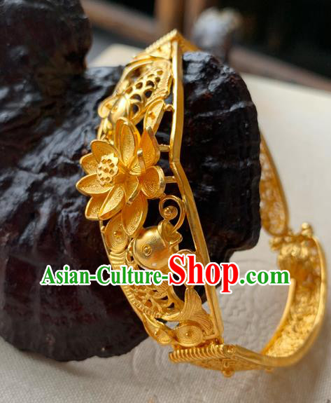 Handmade Chinese Traditional Wedding Golden Lotus Bangle Jewelry Silver Bracelet Accessories