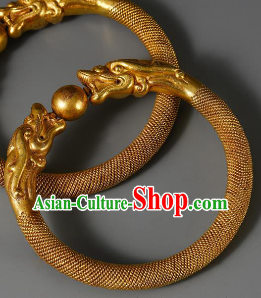 Handmade Chinese Traditional Wedding Filigree Bangle Jewelry Golden Dragon Bracelet Accessories