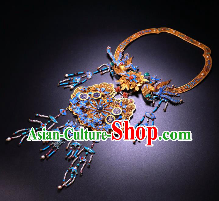 China Traditional Filigree Necklace Accessories Ancient Qing Dynasty Empress Cloisonne Phoenix Pearls Necklet Pendant