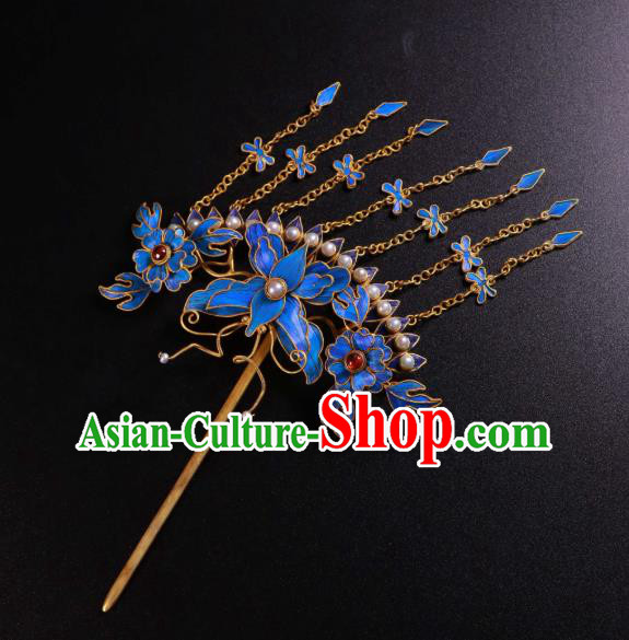 China Qing Dynasty Pearls Hairpin Handmade Ancient Imperial Consort Blueing Tassel Hair Stick