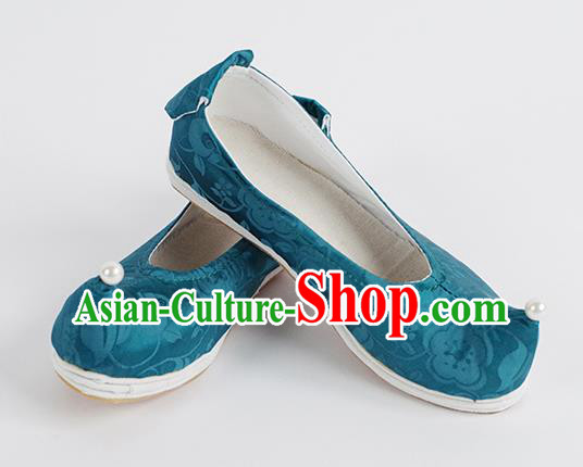 Handmade Chinese Hanfu Shoes Ancient Ming Dynasty Princess Shoes Traditional Blue Silk Bow Shoes