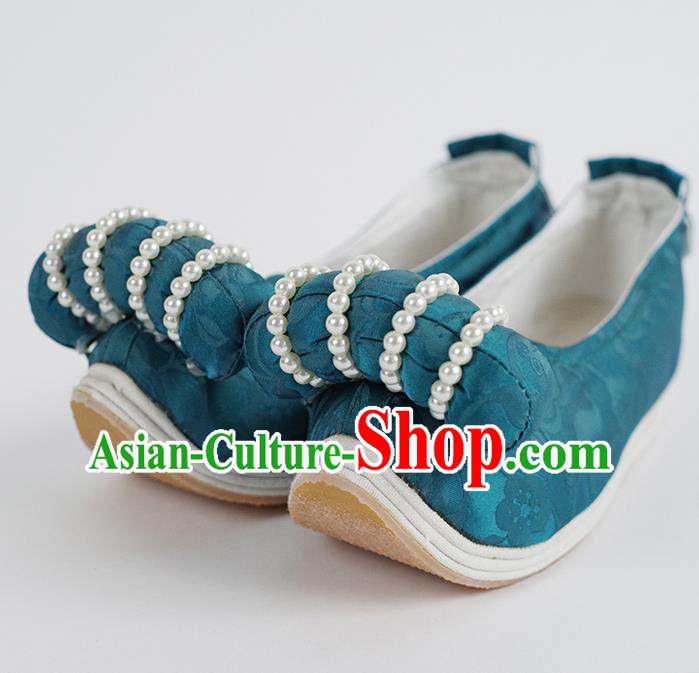 Handmade Chinese Ancient Han Dynasty Princess Shoes Traditional Blue Silk Shoes Hanfu Pearls Shoes