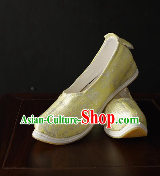 Handmade Chinese Princess Shoes Traditional Yellow Silk Hanfu Shoes Ancient Song Dynasty Shoes