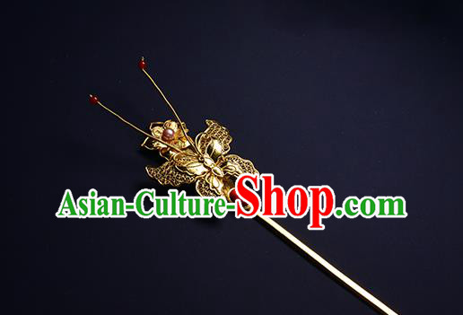 China Traditional Hair Jewelry Ming Dynasty Filigree Butterfly Hairpin Ancient Empress Golden Hair Stick