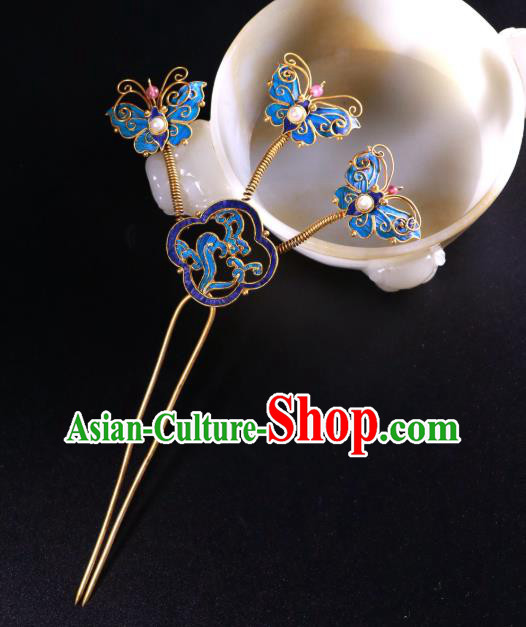 China Traditional Handmade Blueing Butterfly Hair Stick Ancient Qing Dynasty Court Empress Pearls Hairpin