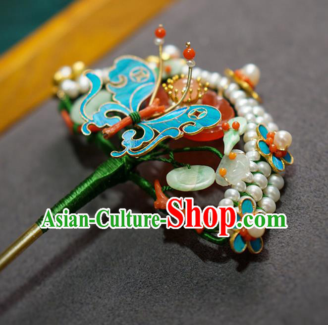 China Ancient Empress Agate Hair Stick Traditional Court Hair Jewelry Qing Dynasty Palace Lady Pearls Hairpin