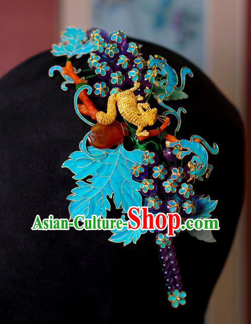 China Ancient Empress Amethyst Tassel Hair Stick Traditional Court Hair Jewelry Qing Dynasty Blueing Grape Hairpin