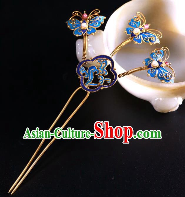 China Traditional Handmade Blueing Butterfly Hair Stick Ancient Qing Dynasty Court Empress Pearls Hairpin