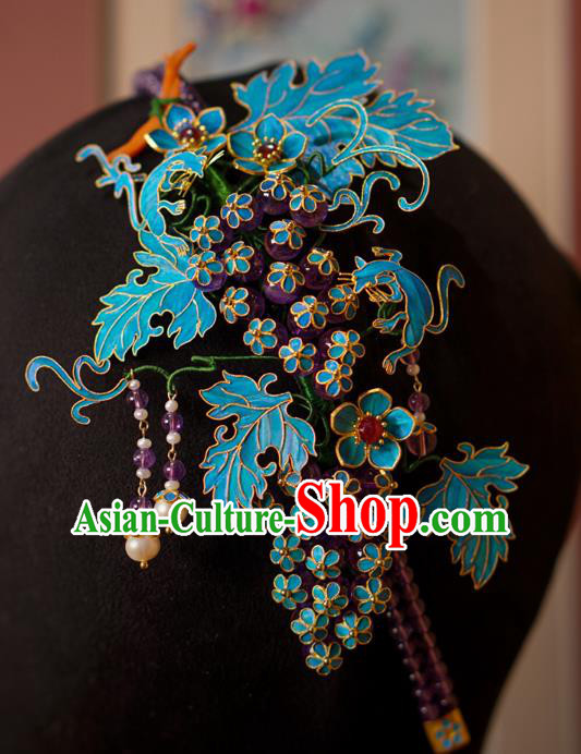 China Traditional Court Hair Jewelry Qing Dynasty Blueing Grape Hairpin Ancient Empress Amethyst Tassel Hair Clasp