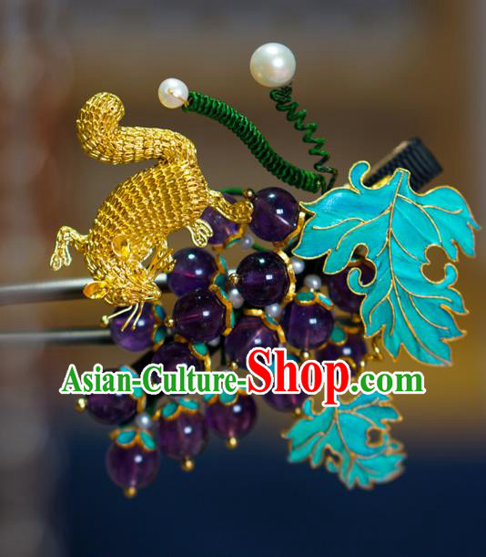 China Qing Dynasty Grape Hairpin Traditional Court Hair Jewelry Ancient Empress Amethyst Hair Stick
