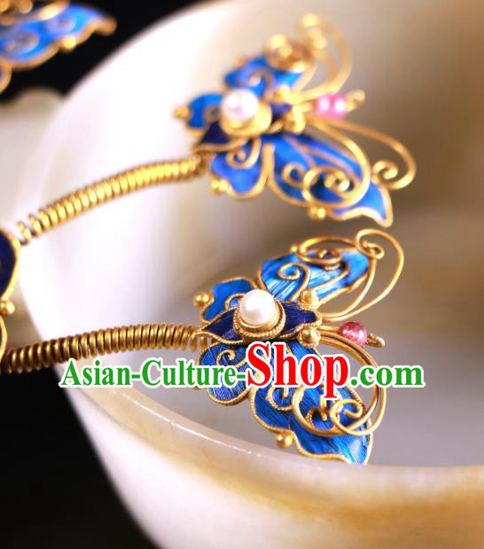 China Traditional Handmade Blueing Butterfly Hair Stick Ancient Qing Dynasty Court Empress Pearls Hairpin